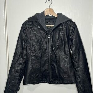 a.n.a Black Leather Jacket with Hood
